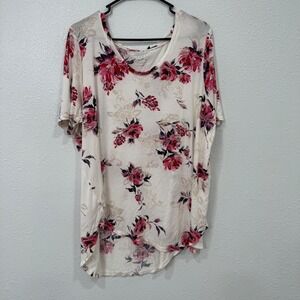 24/7 By Maurices Floral Print Tunic Top Women's Cream Pink Purple Short Sleeve